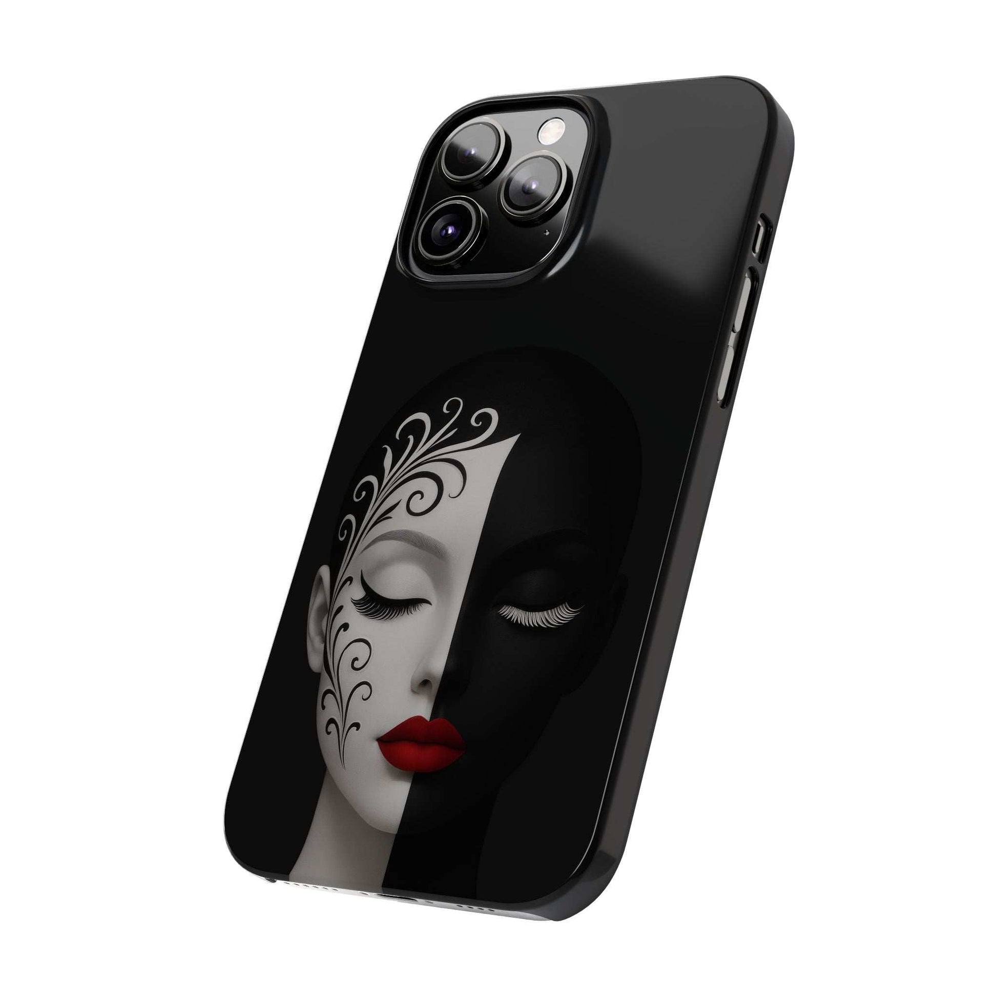 Black phone case featuring split-face art with red lips and ornate swirls; angled side view