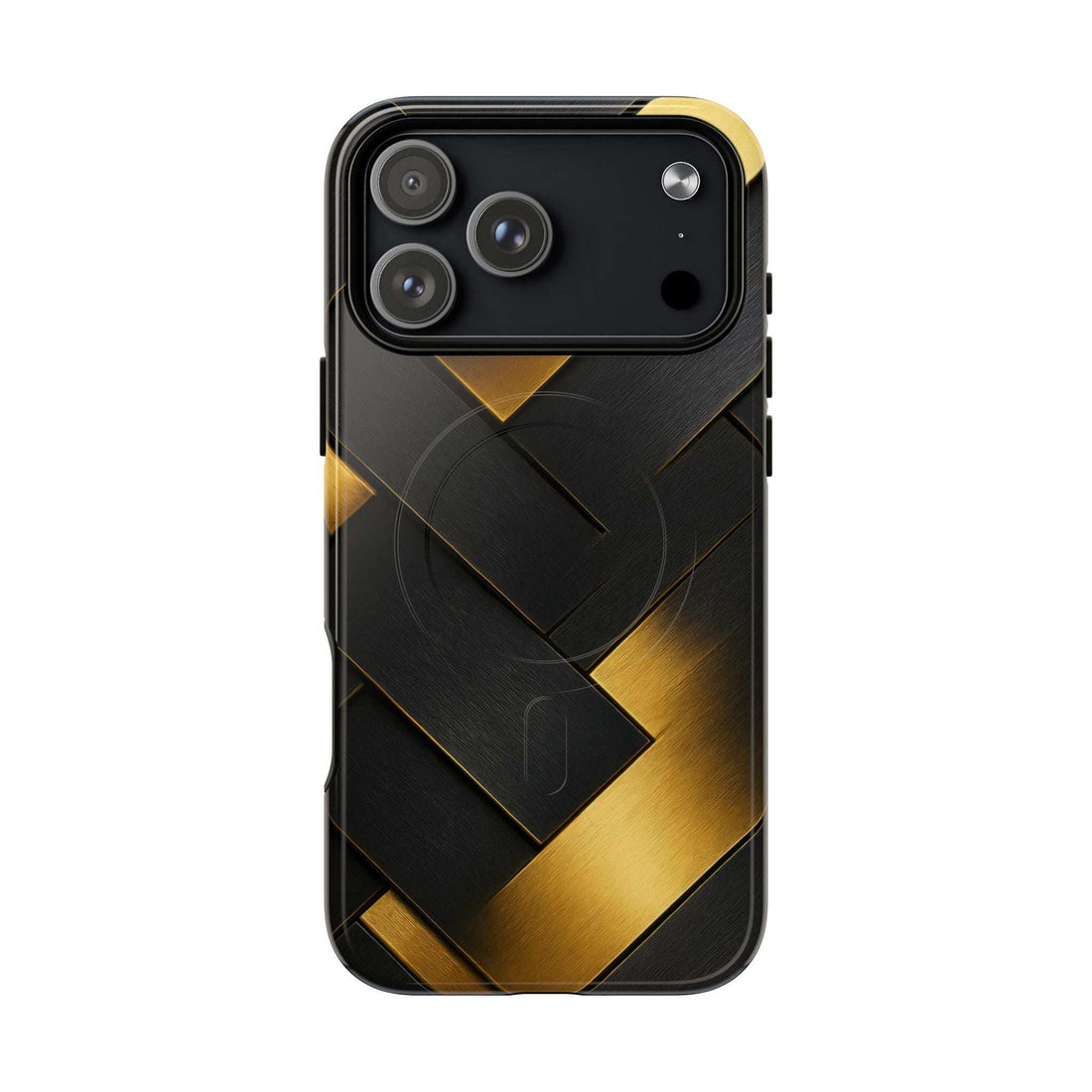 Glossy phone case with black back and gold chevron pattern, rear view with camera cutouts