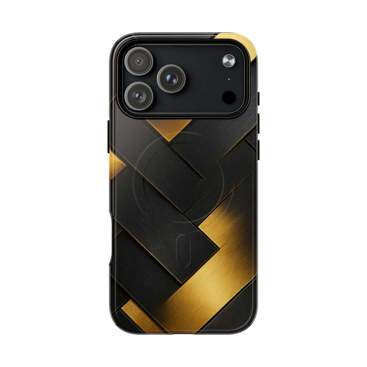 Glossy phone case with black back and gold chevron pattern, rear view with camera cutouts