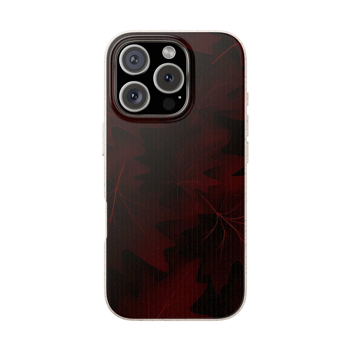 Phone case in dark maroon with autumn leaf pattern and triple-lens camera module