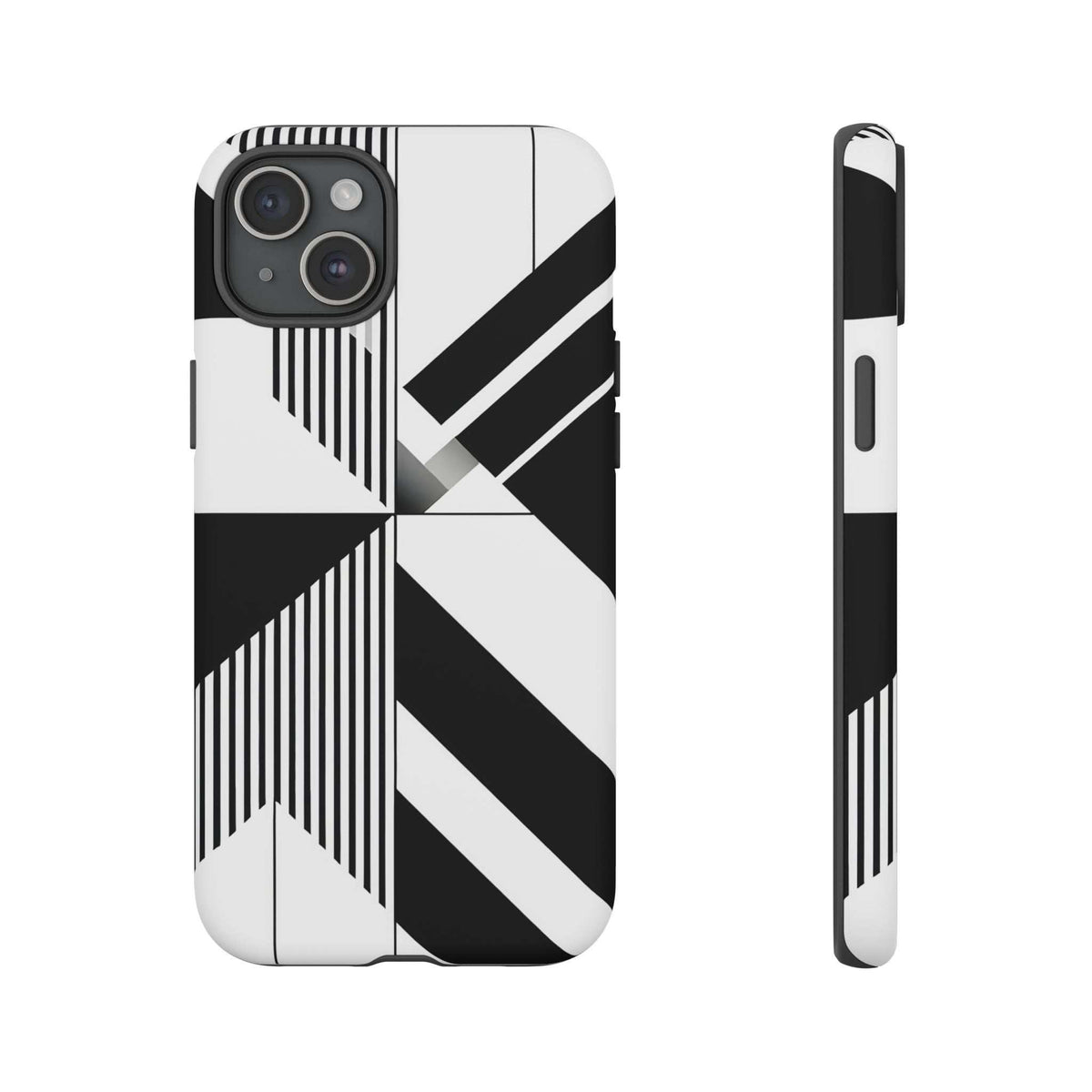 Tough phone case with black-and-white geometric stripes and diagonal shapes, rear view