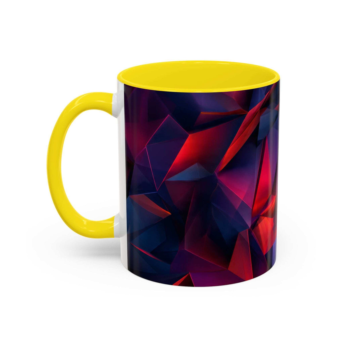 Ceramic accent mug with yellow handle and rim; red and purple geometric design on body.