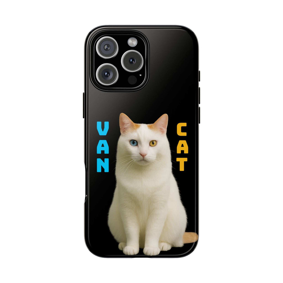 Glossy black phone case with white cat graphic and VAN CAT lettering, four-lens camera cluster