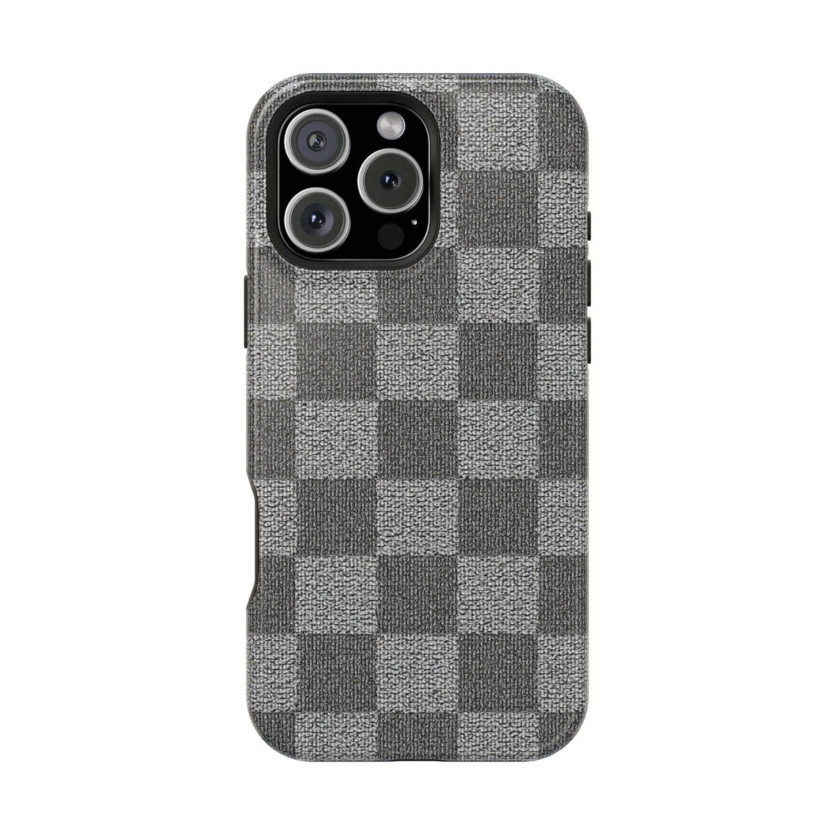 Gray checkered phone case with camera cutouts and side buttons, woven-style texture