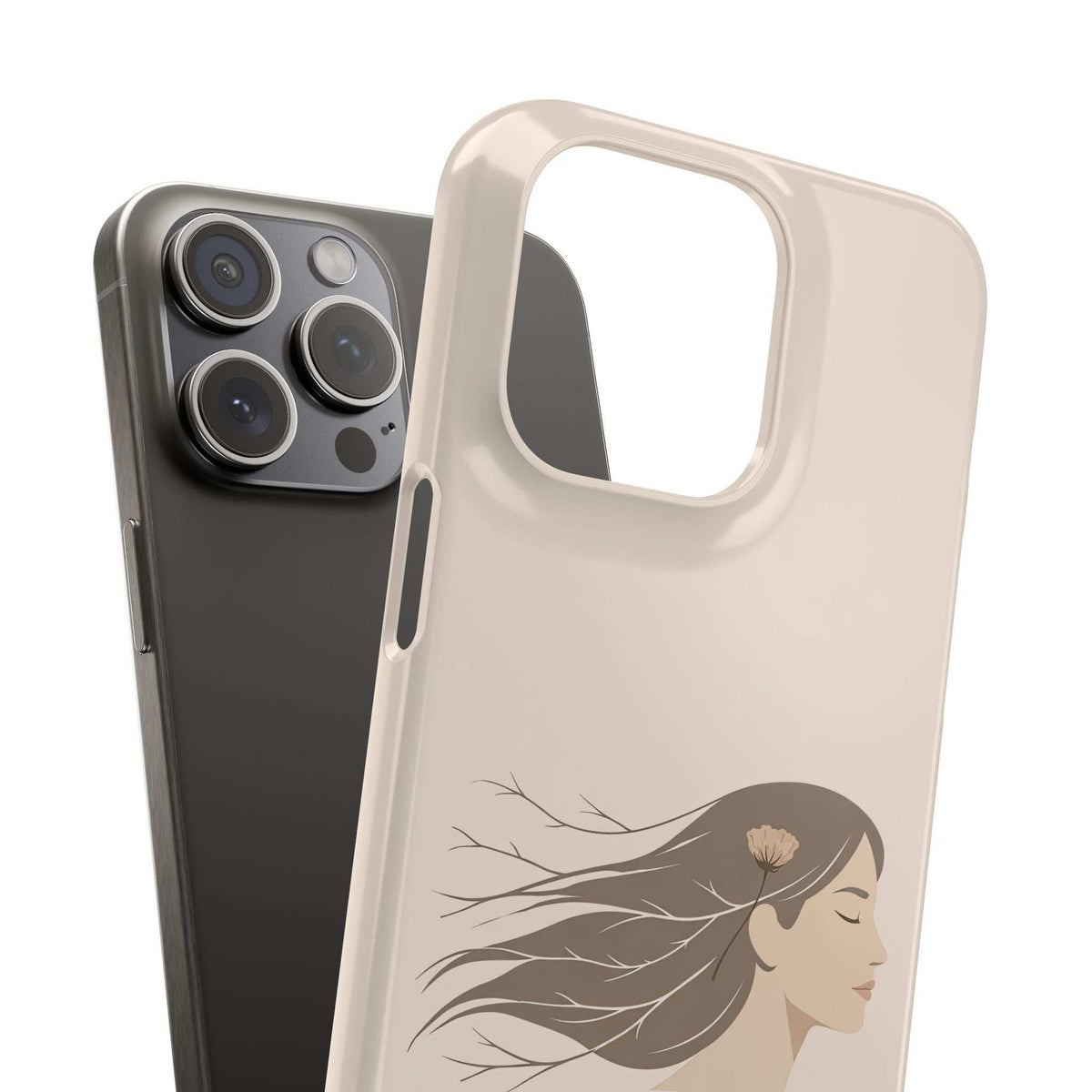 Light tan phone case with woman line-art and large camera cutout, shown with a dark back case