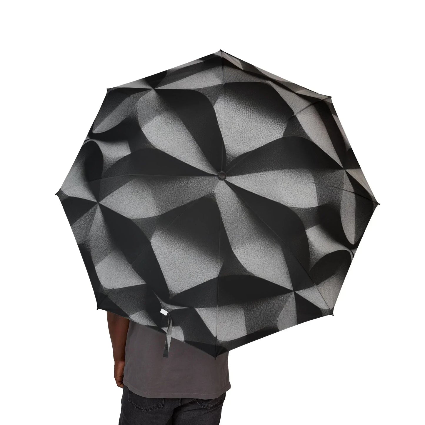 Black 3D Geometric Pattern Semi-Automatic Umbrella – Stylish Rain Protection - KarArmDesign