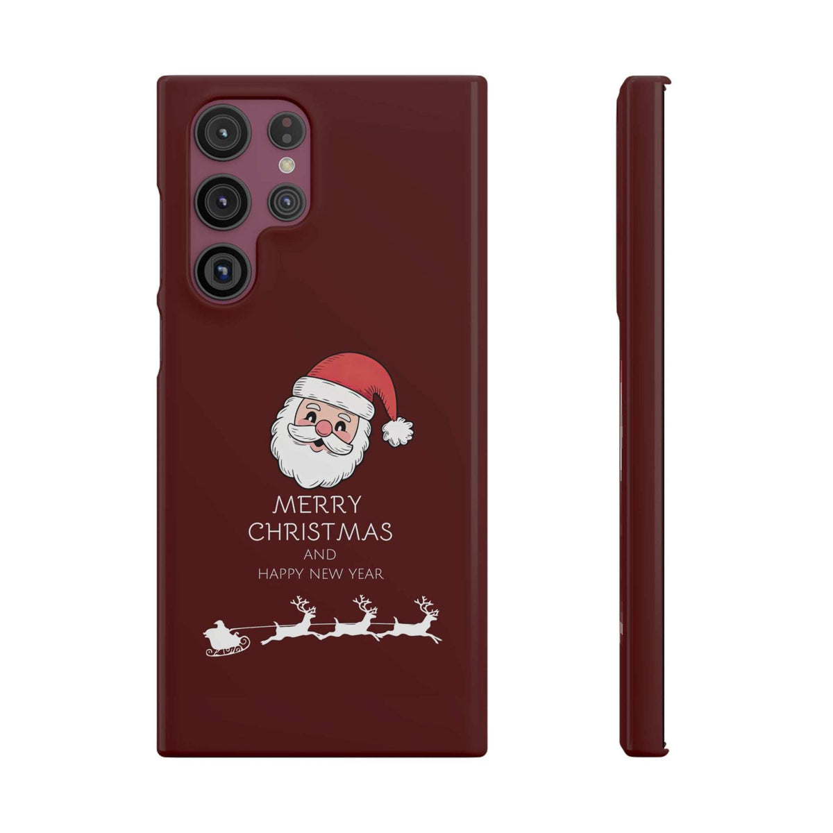 Glossy maroon phone case with Santa illustration, Merry Christmas and Happy New Year, plus multiple camera cutouts.