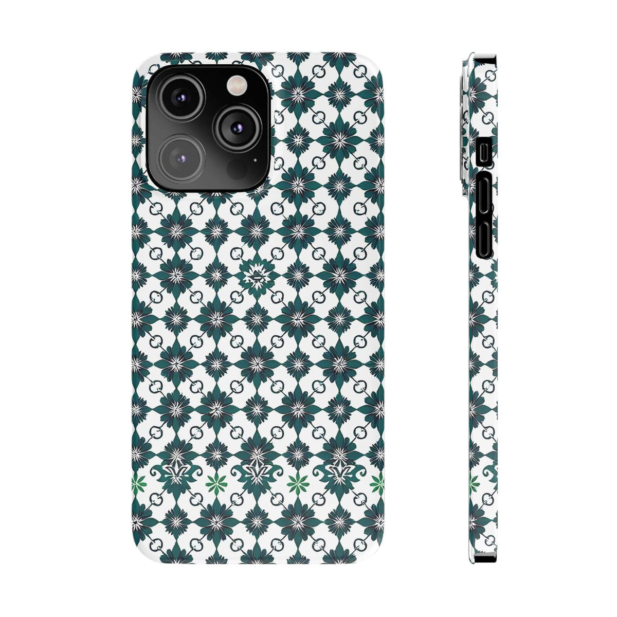 Phone case with repeating teal and green geometric floral design on white; side buttons