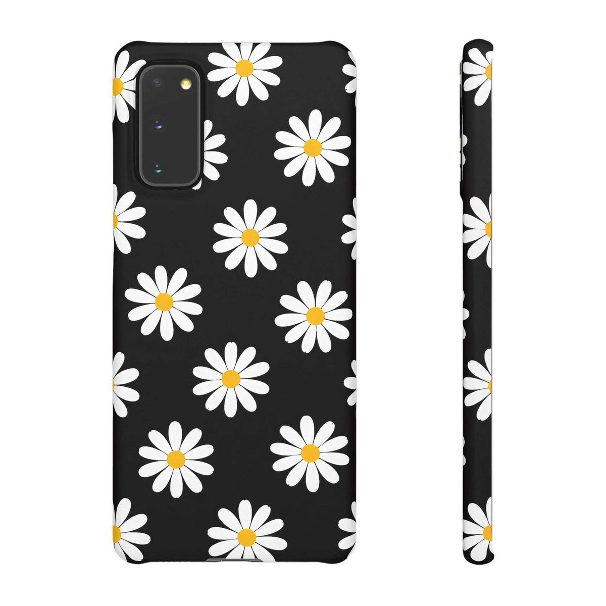 Black phone case with white daisy pattern and yellow centers, camera cutout on back.