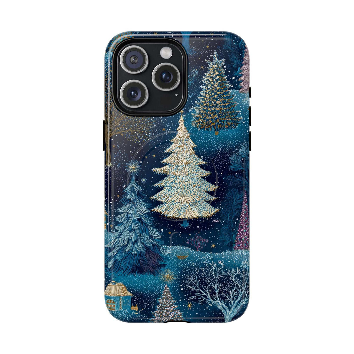 Glossy blue phone case with snowy forest trees, gold highlights, camera cutouts.