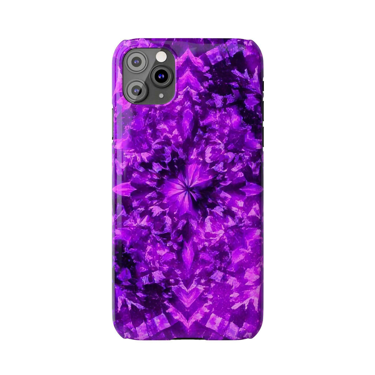 Purple kaleidoscope iPhone case front view with three camera cutouts
