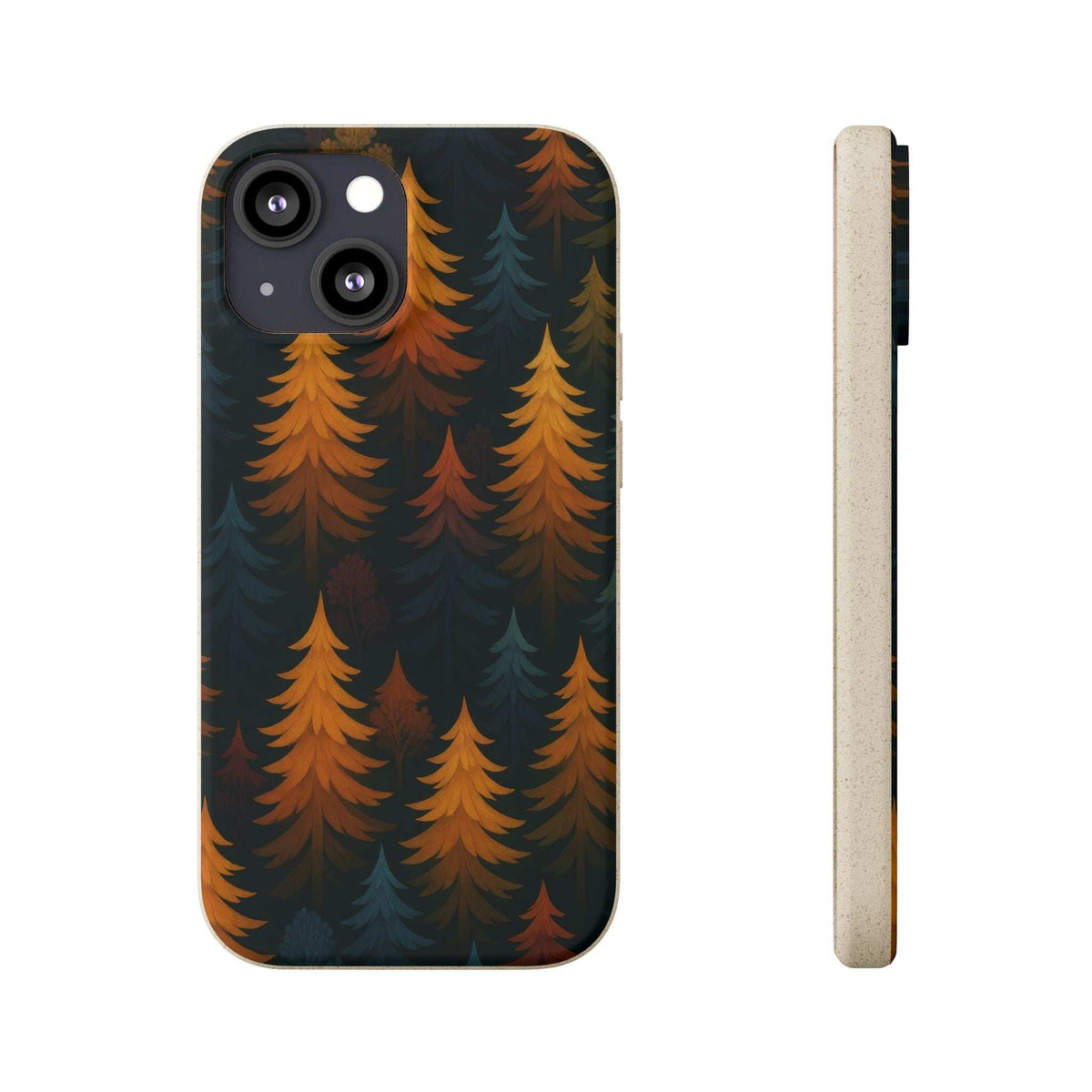 Biodegradable phone case with orange forest treetops over dark blue; side edge profile