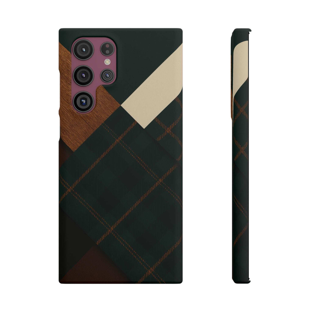 Rustic green phone case with wood triangle, beige diagonal, and red-tinged plaid lines