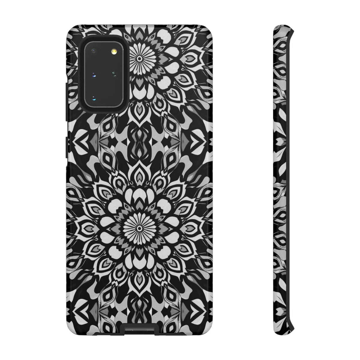 Mandala phone case with black-and-white mandala artwork and camera cutouts on back