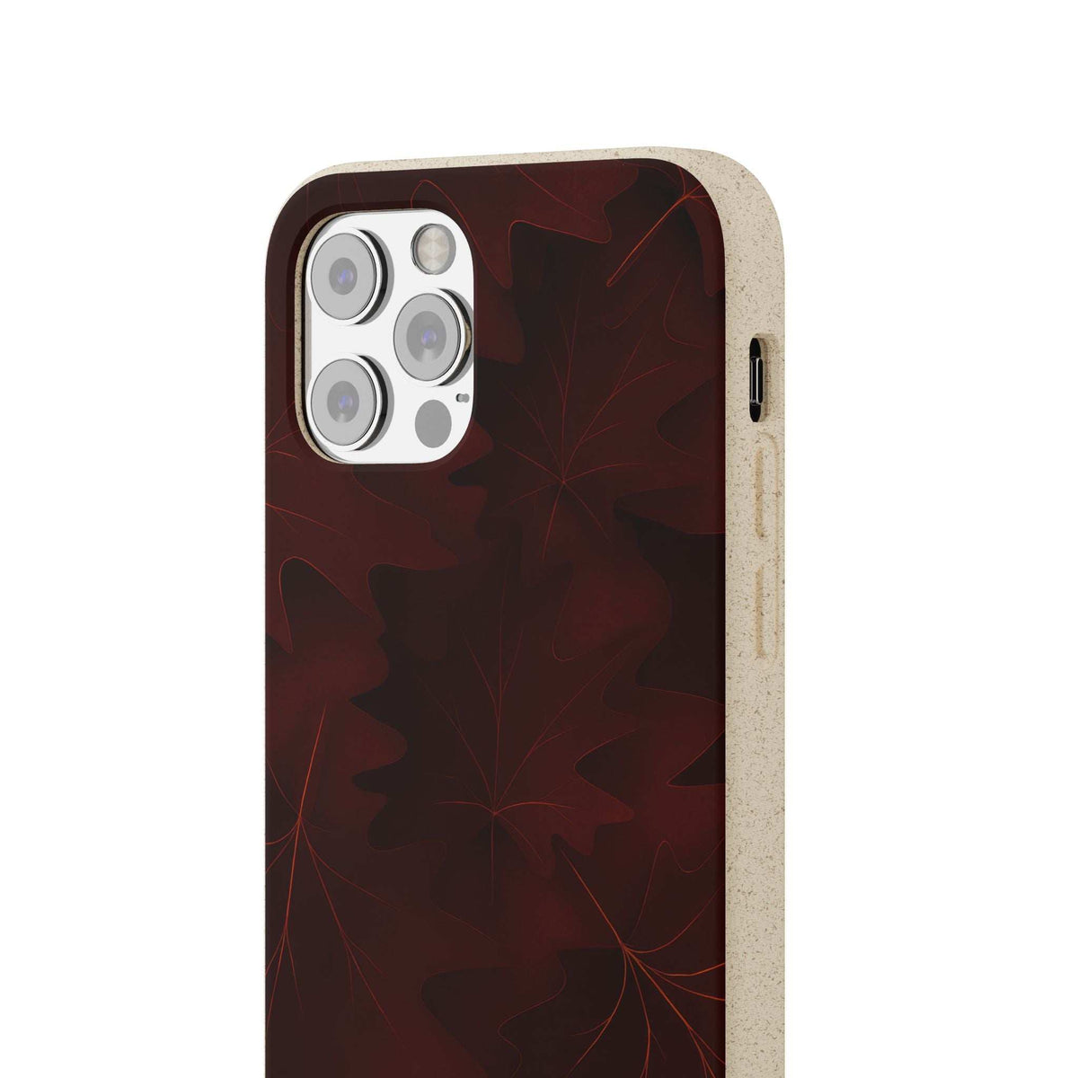 Burgundy autumn leaf phone case with quad camera cutouts and beige protective edge