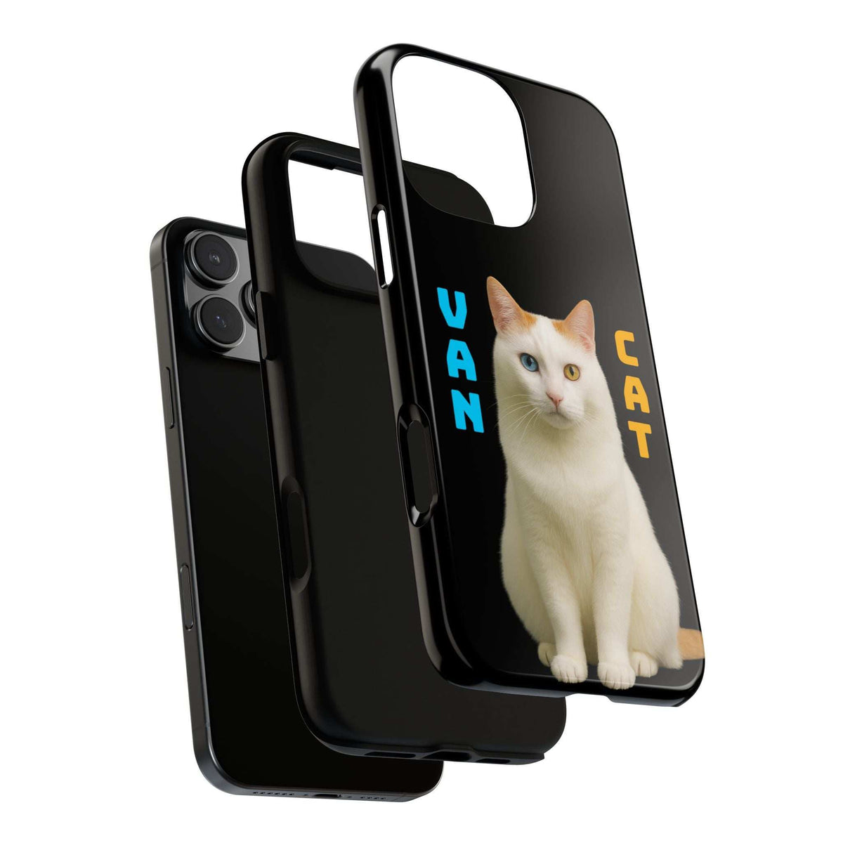 Black glossy phone case shown from side and back with white cat print