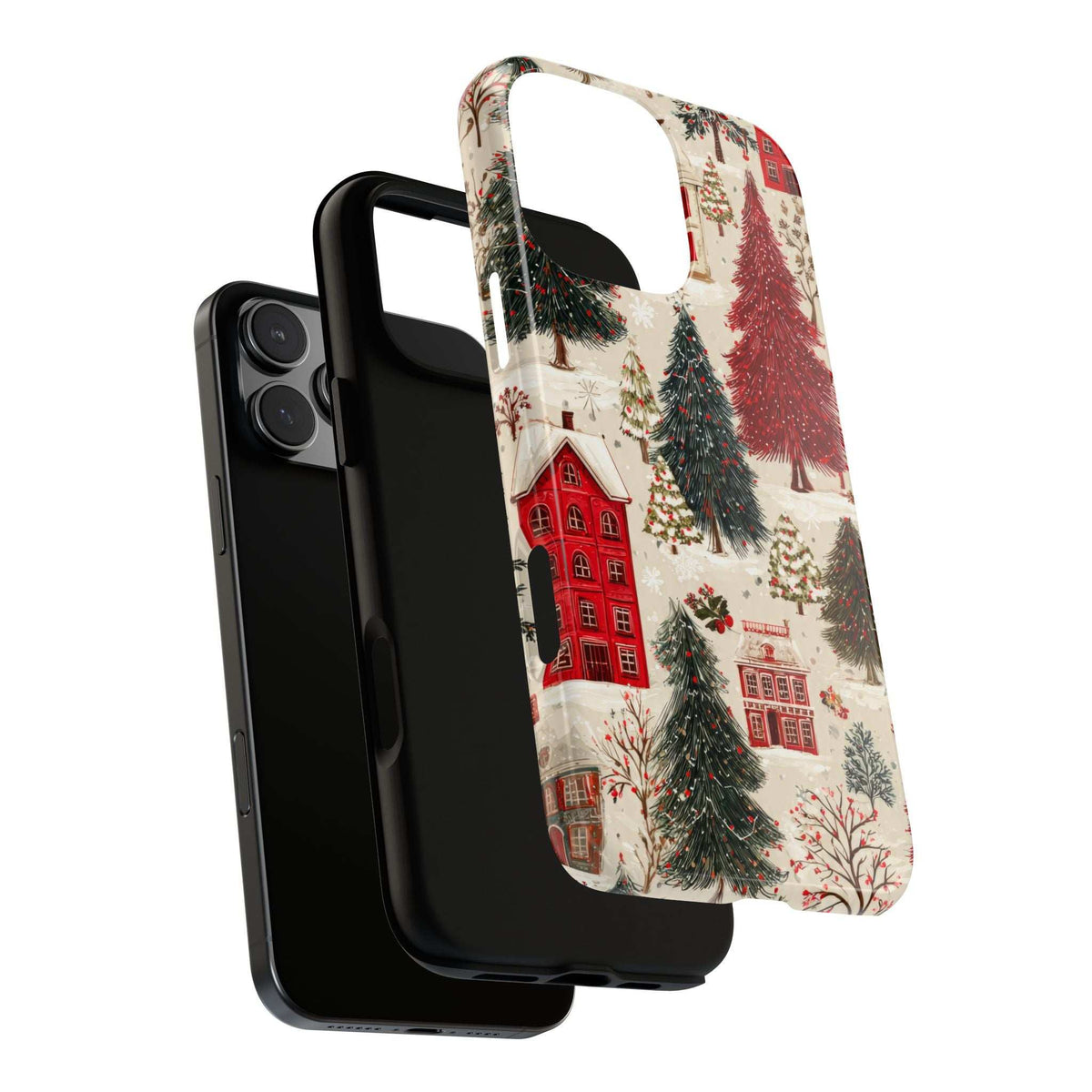 Winter village phone case with red house pattern, phone shown with cutouts