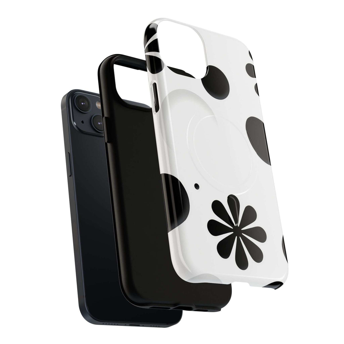 Magnetic phone case with white back, black floral prints, and cutout for camera.