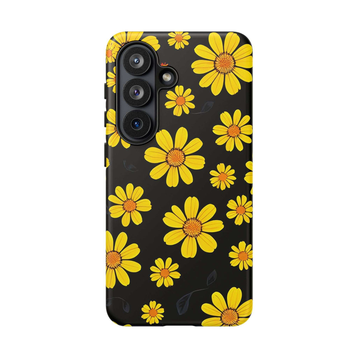 Black phone case featuring yellow daisy floral pattern over the back