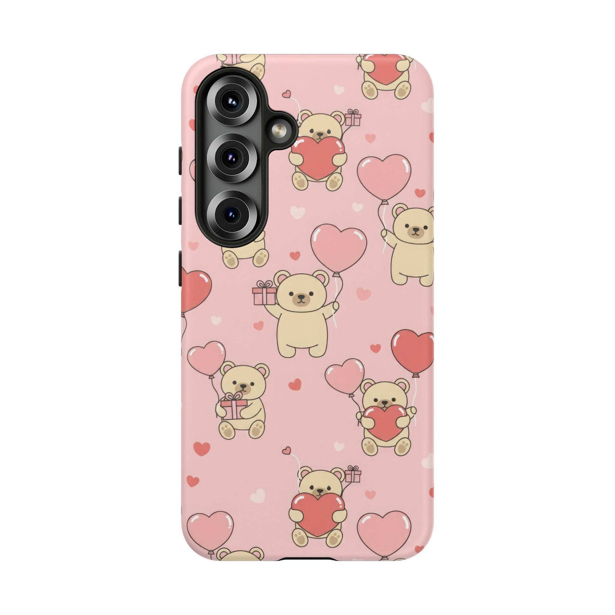 Pink teddy bear and heart phone case with multi-camera cutouts