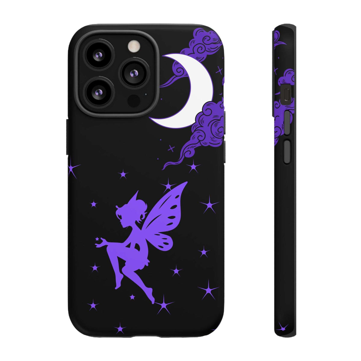 Black phone case with purple fairy silhouette, moon, and star sparkle; camera openings