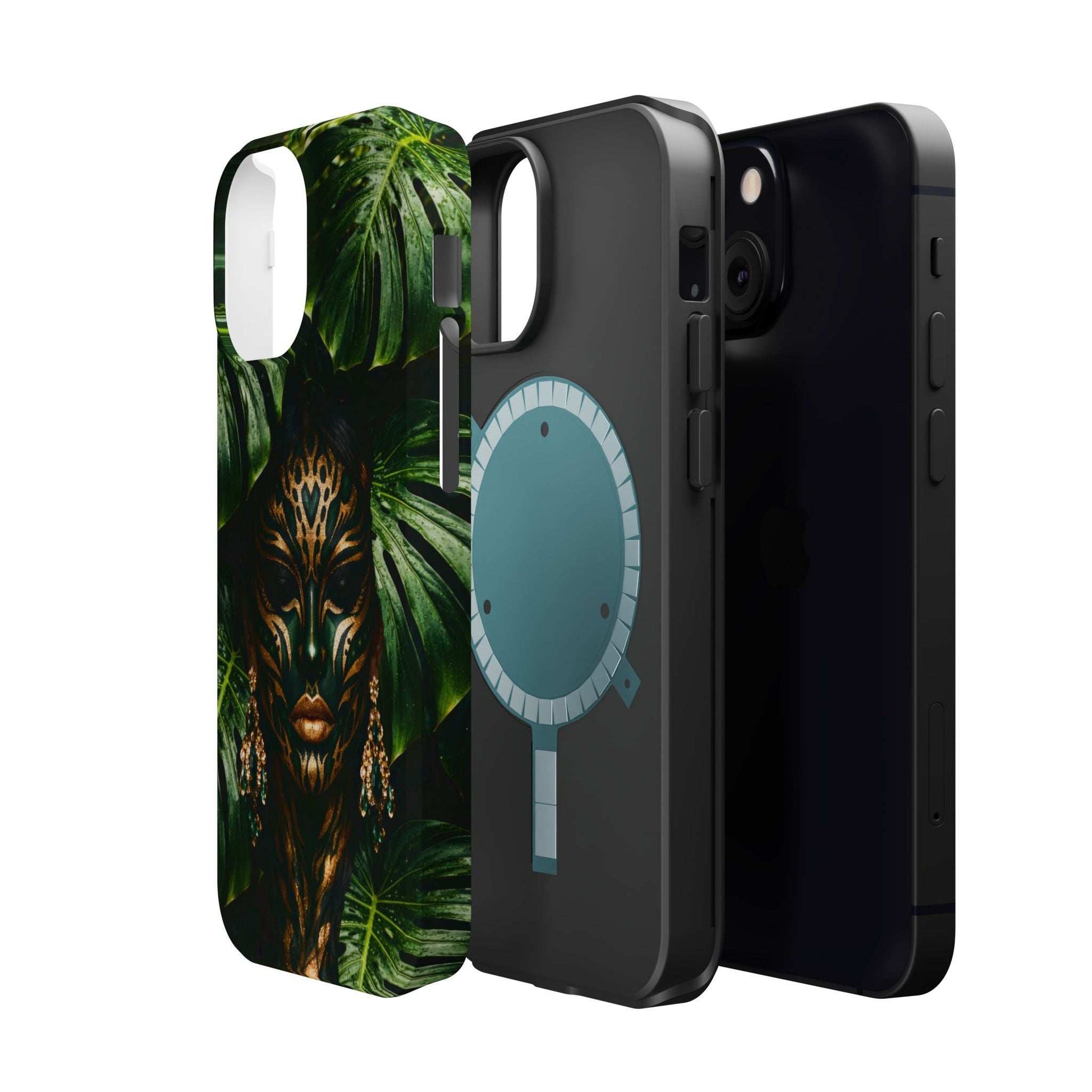 Jungle spirit phone case for iPhone 13-17 with green jungle leaves and gold lion face art.