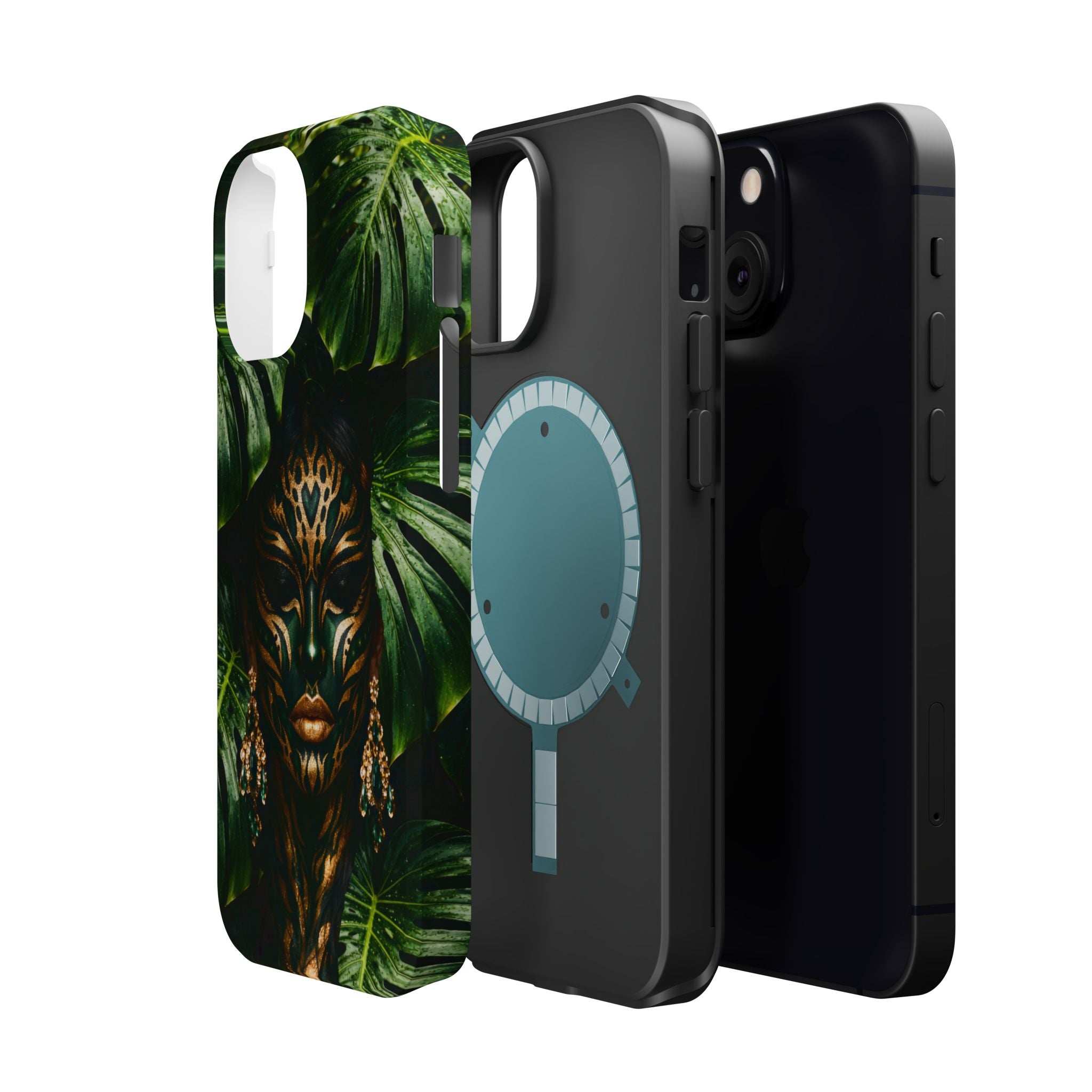 Jungle spirit phone case for iPhone 13-17 with green jungle leaves and gold lion face art.