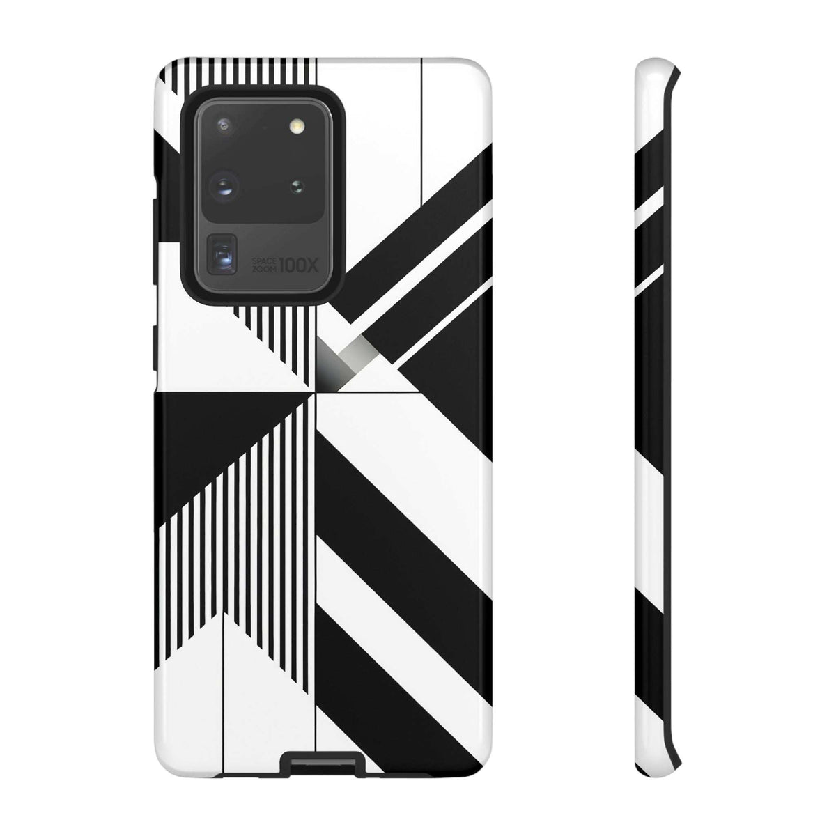 Tough phone case with black-and-white geometric stripes, rear camera cutouts