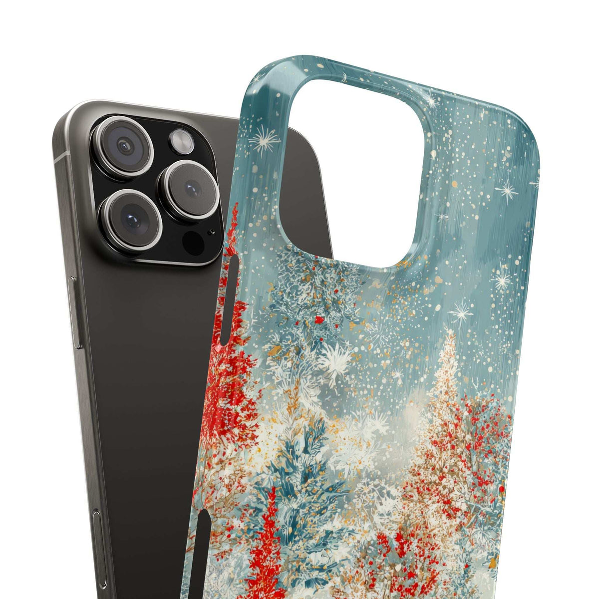 Snowy forest phone case, blue snowy forest print with red trees, front cutout window