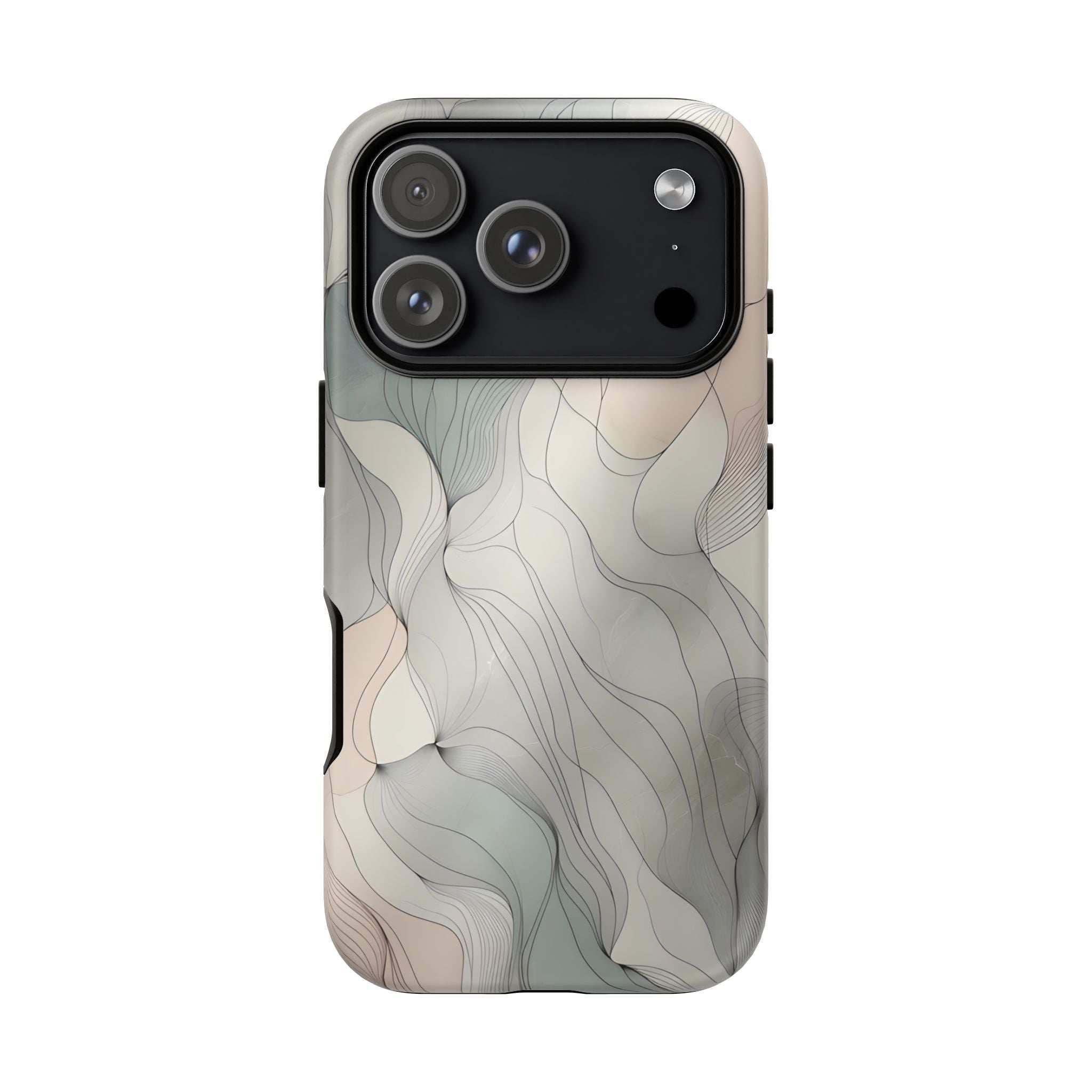 Pastel wave phone case with triple camera lenses and flash, light back with wave pattern.