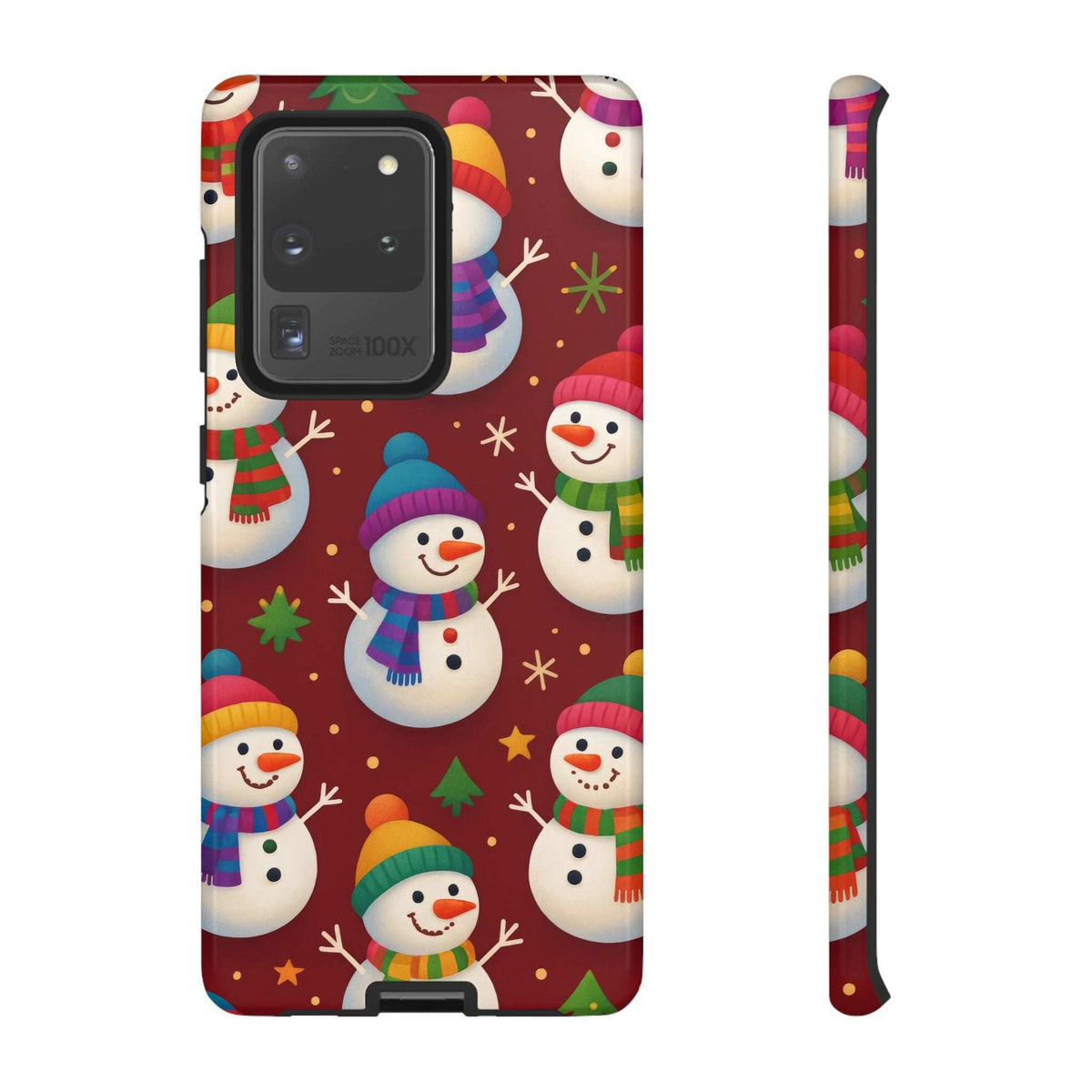 Glossy phone case with snowman parade design; side profile shows raised button area