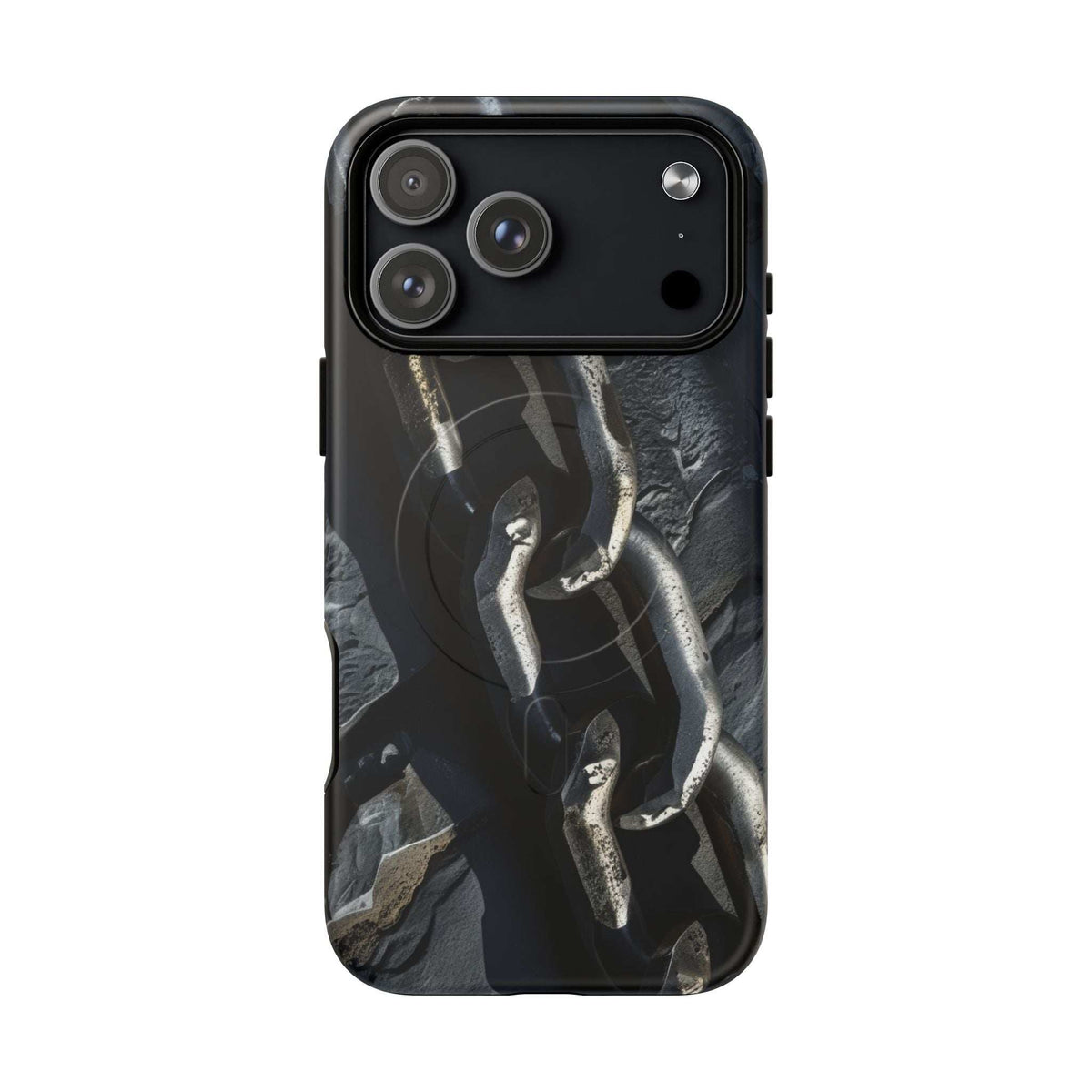 Black tough phone case featuring chain links and metallic pattern, camera lens cutouts
