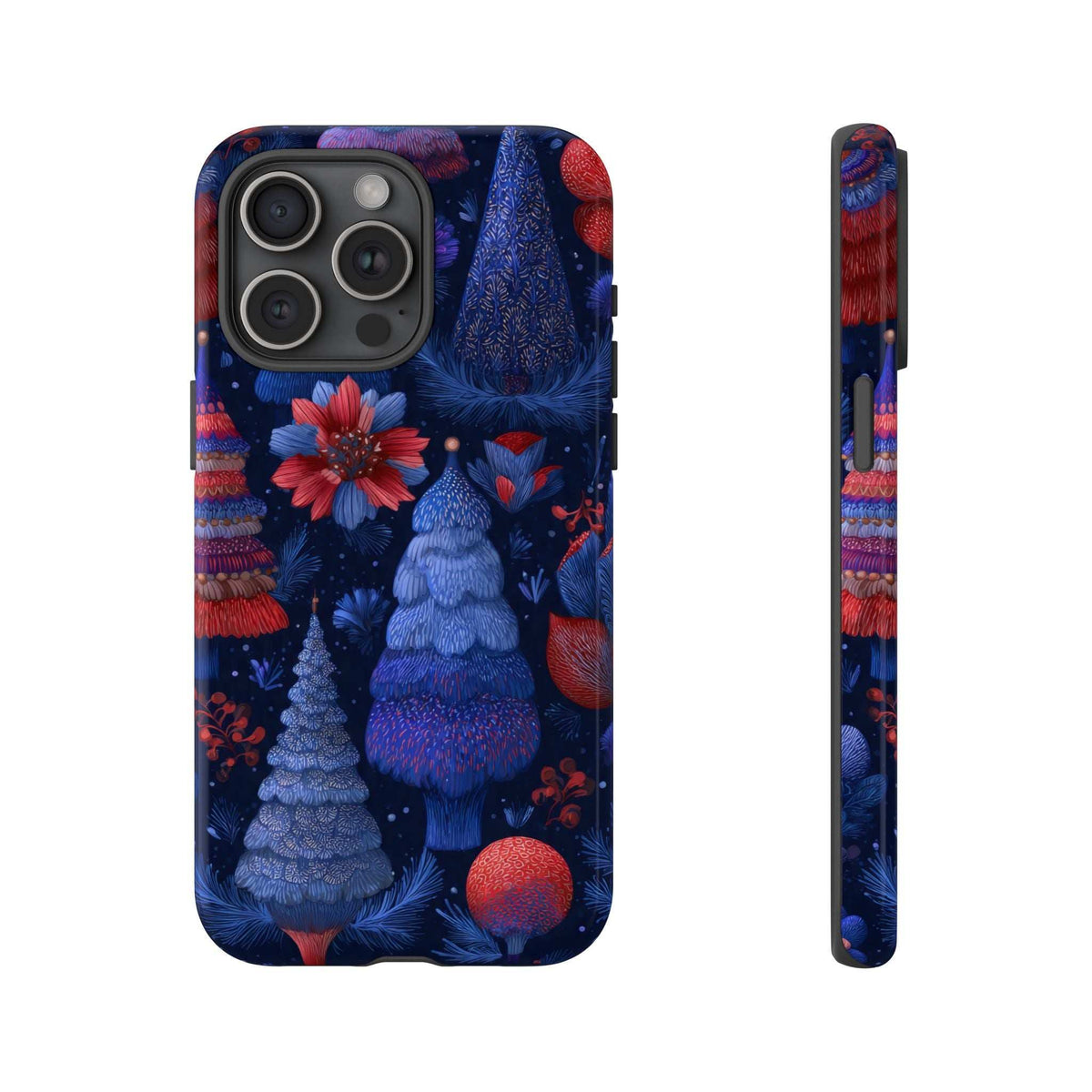 Phone case with dark blue winter forest pattern and red ornaments; camera lenses shown