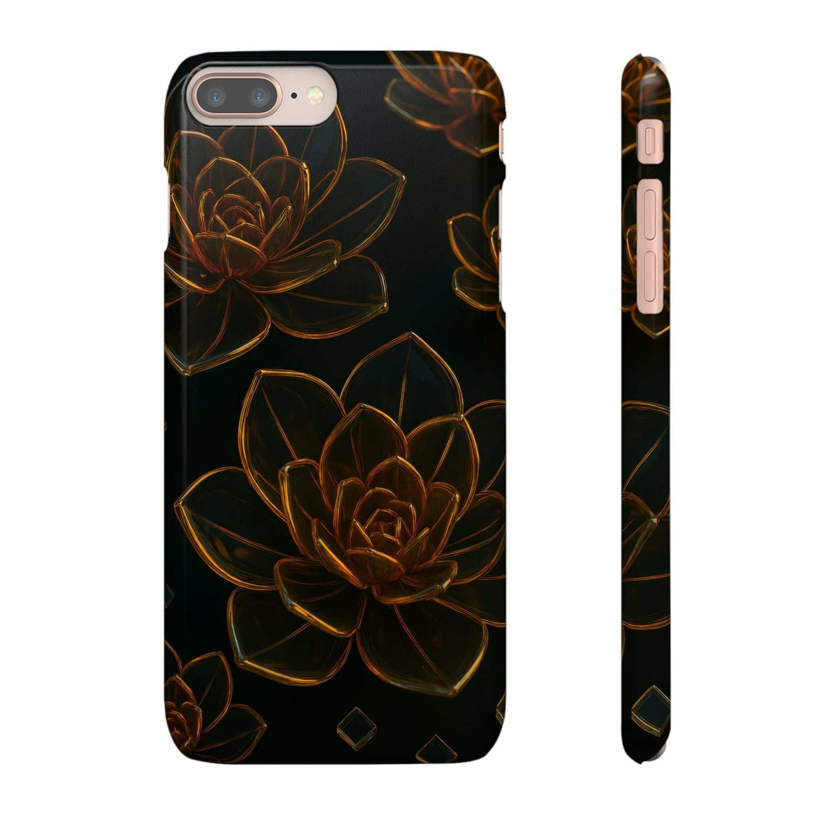 Glossy glass phone case, black with gold floral line pattern; includes side profile with buttons