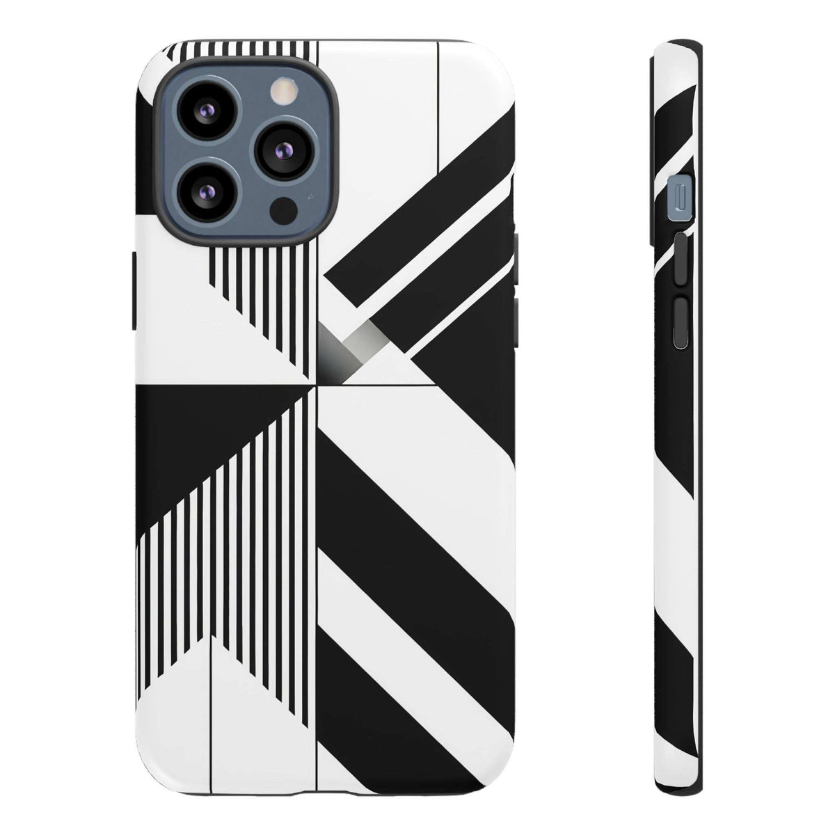 Monochrome tough phone case, black-and-white design, triple-lens camera openings and side view