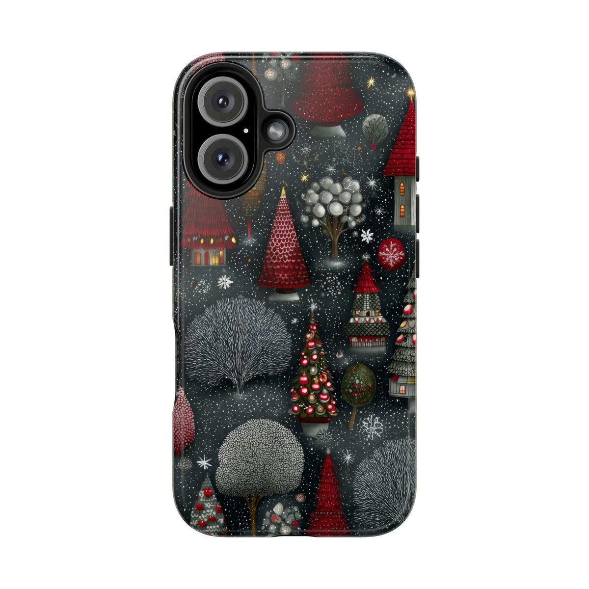 Phone case with winter scenery artwork, snowy houses, and protected camera lenses