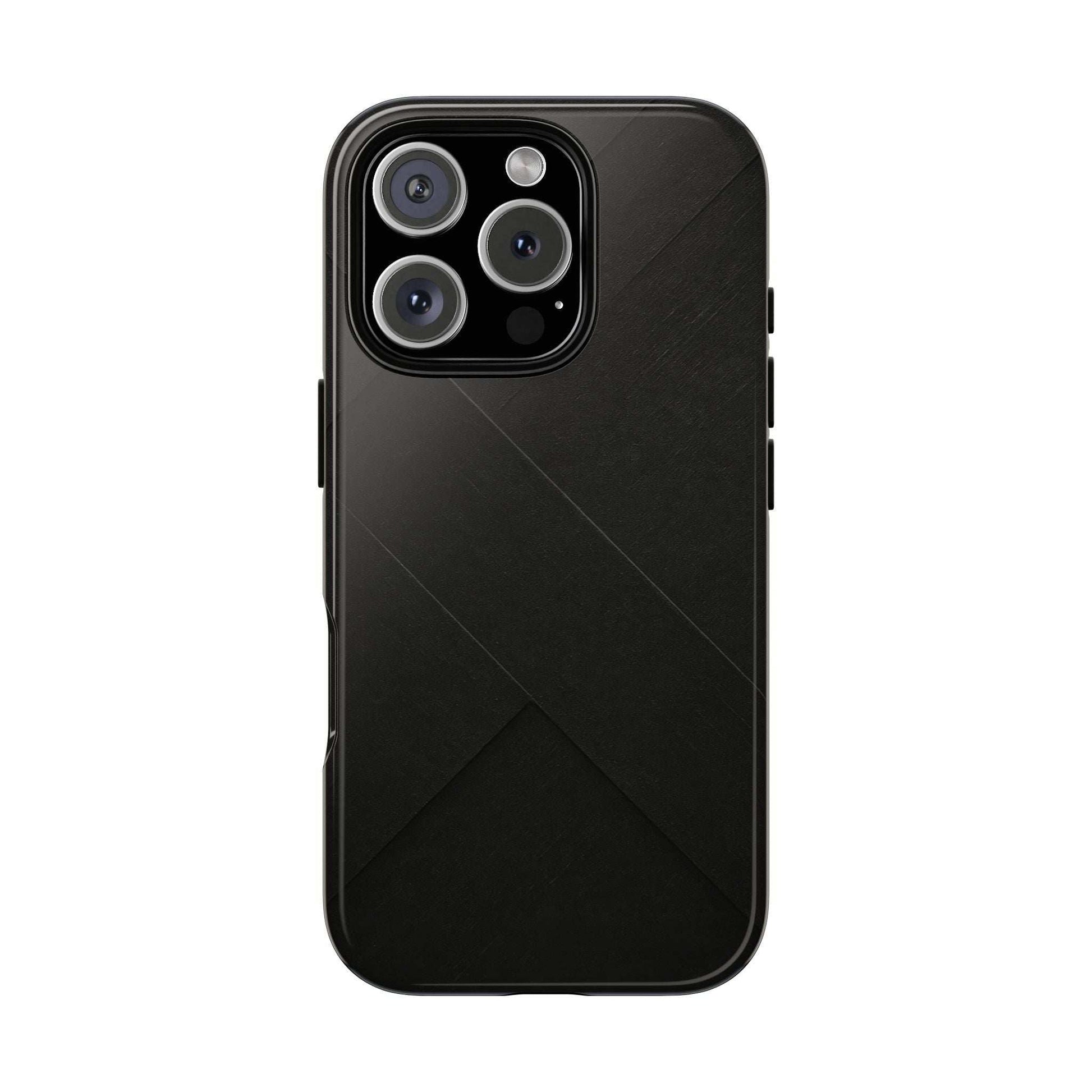 Matte black phone case with diagonal geometric pattern and multi-lens camera opening