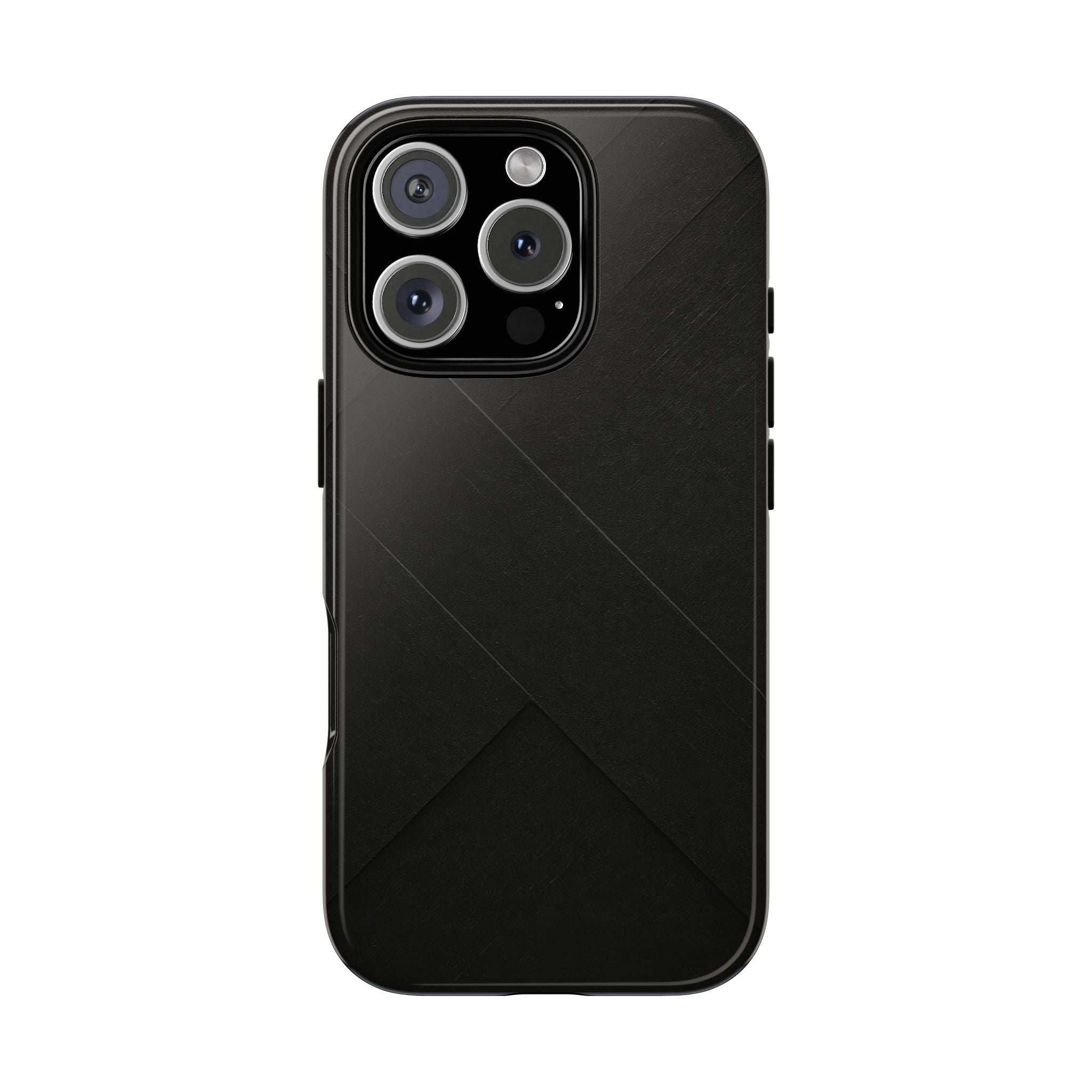 Matte black phone case with diagonal geometric pattern and multi-lens camera opening