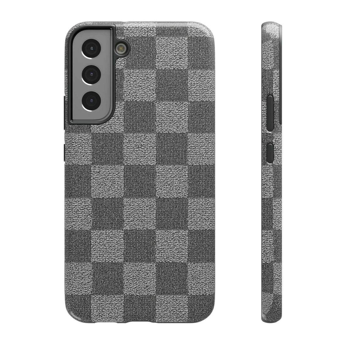 Gray checkered phone case with raised camera cutouts, textured fabric back