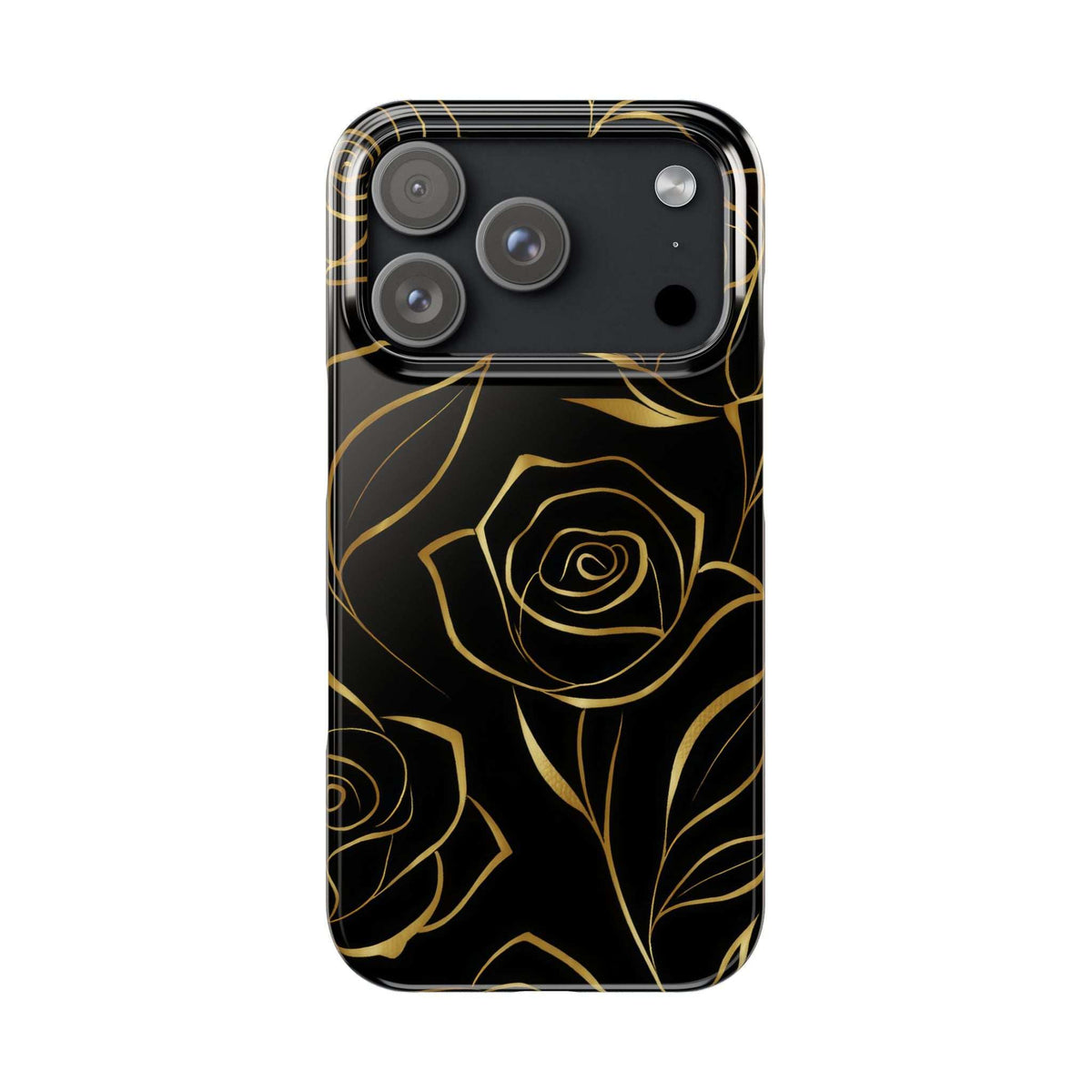 Black phone case with gold rose outline pattern and top camera cutouts