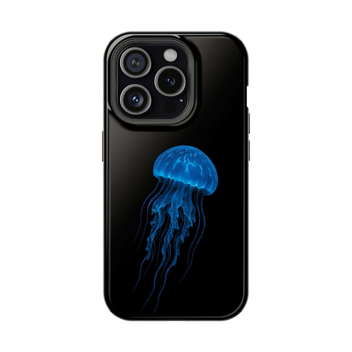 Black phone case with blue jellyfish graphic, raised camera bezel and lens cutouts