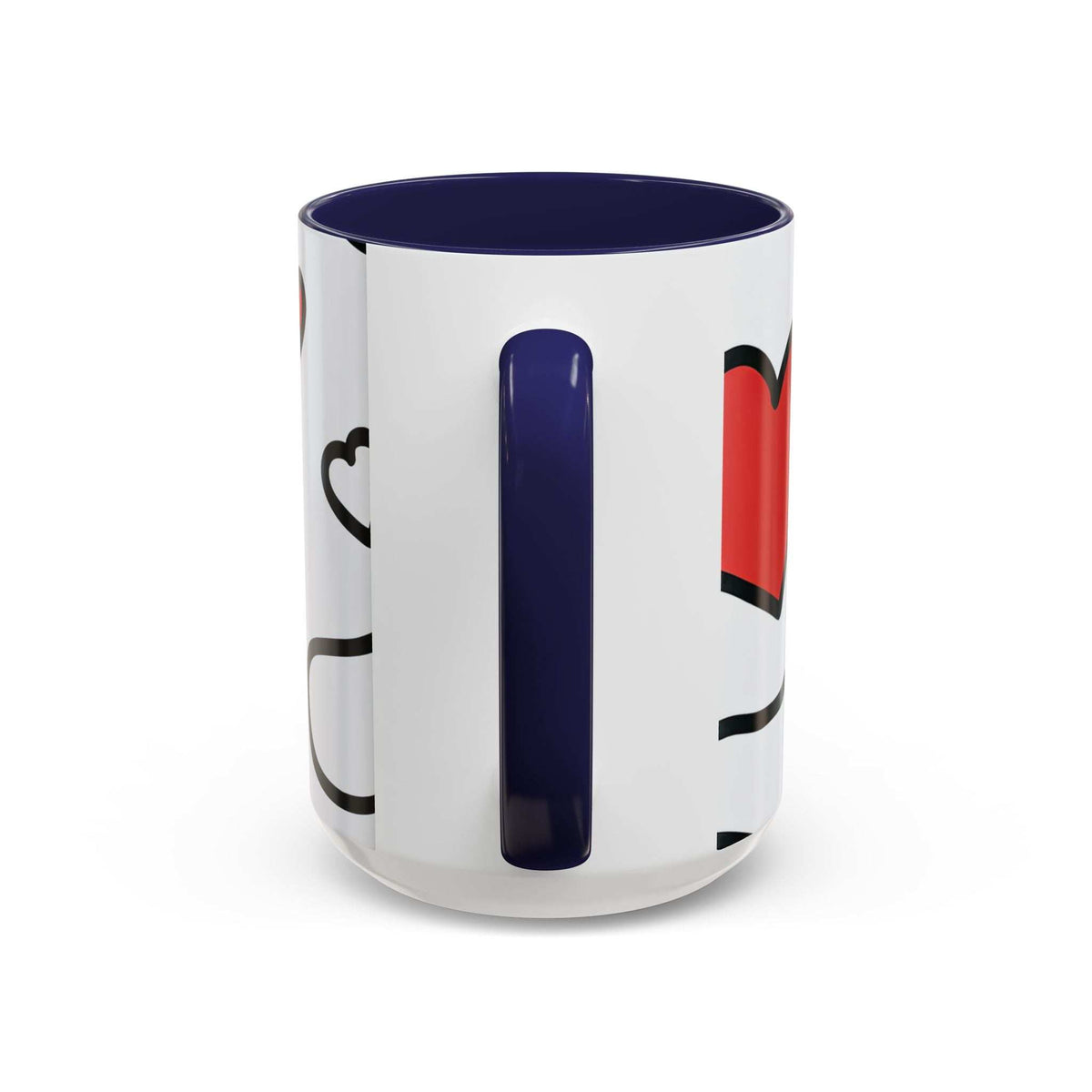 Accent coffee mug with navy interior and handle, white body, tall navy stripe with red accent.