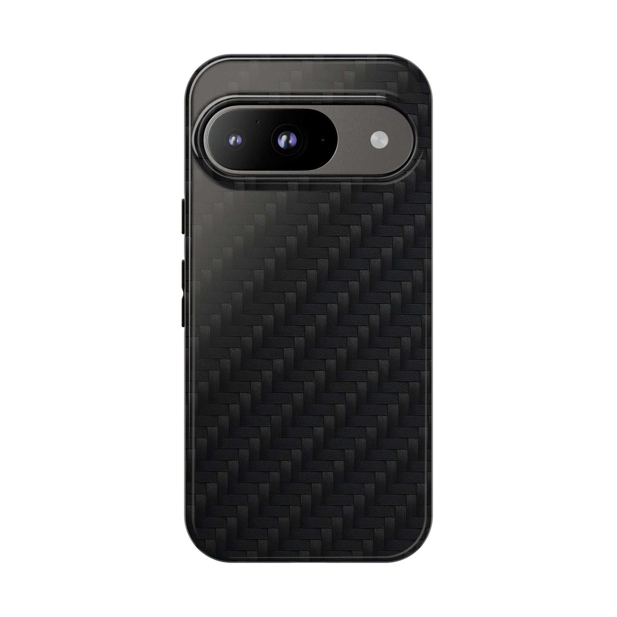 Black carbon-fiber phone case with horizontal camera bar and side cutouts