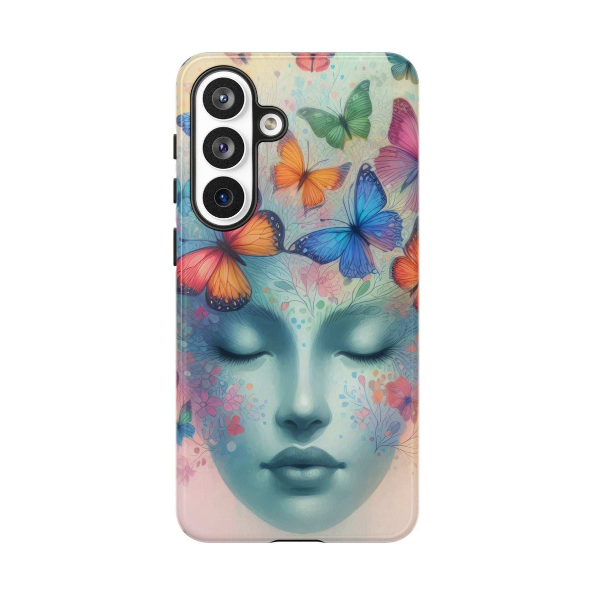 Butterfly floral face phone case with butterfly collage and triple-lens rear camera opening
