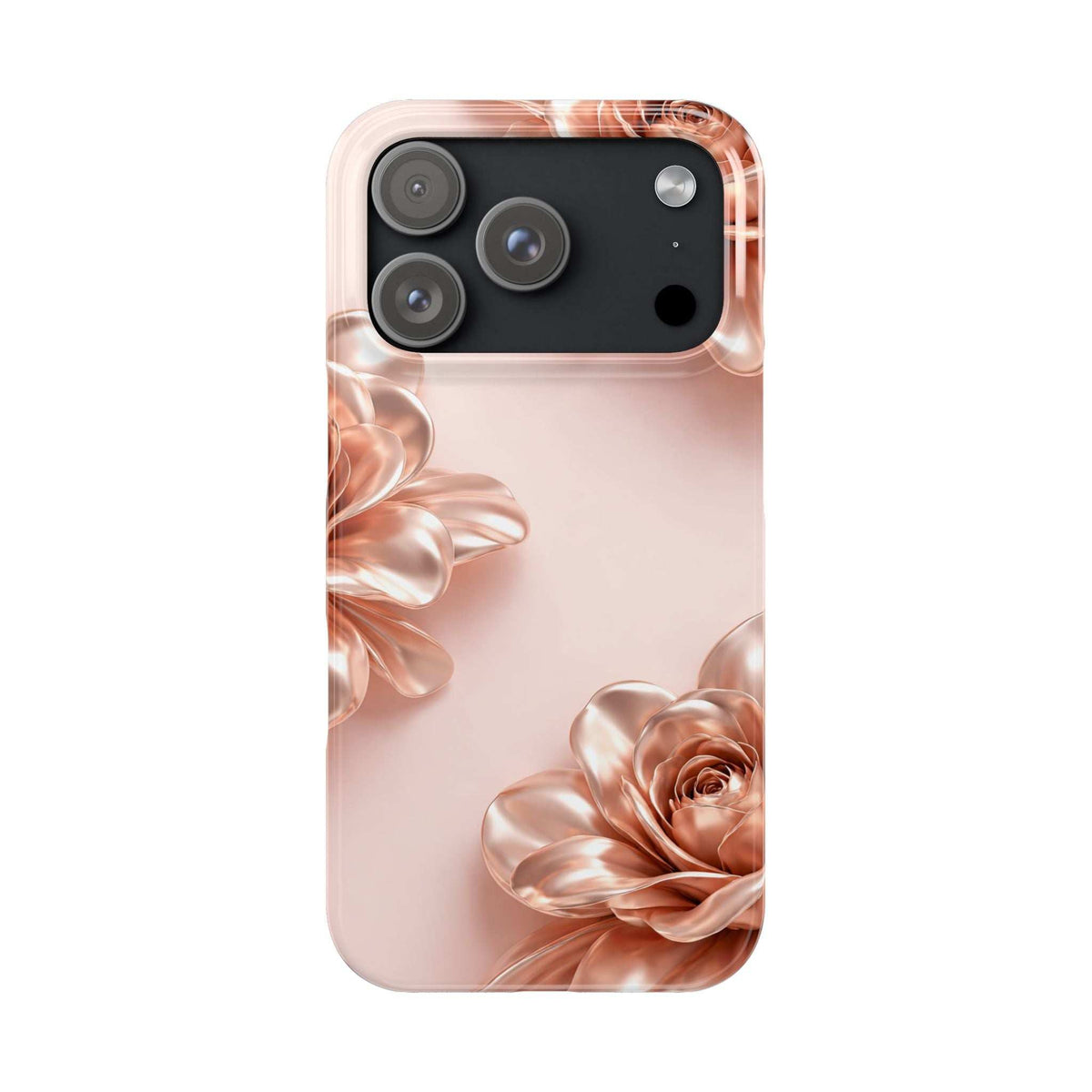 Blush pink phone case with metallic floral rose design across the back and camera cutout.