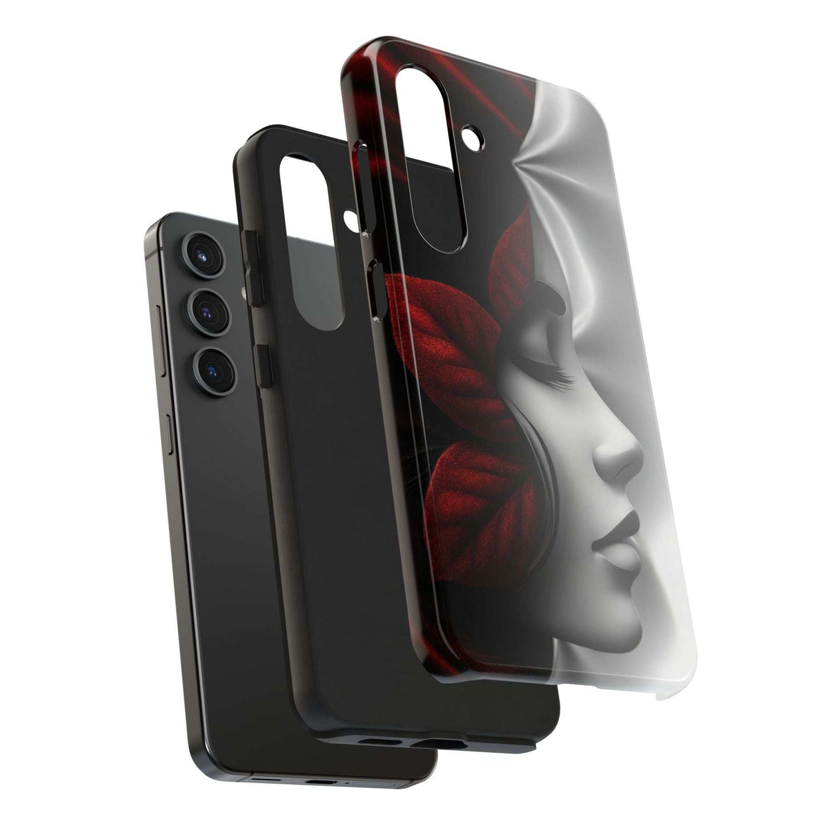 Phone case with black frame and red face profile graphic for iPhone and Galaxy