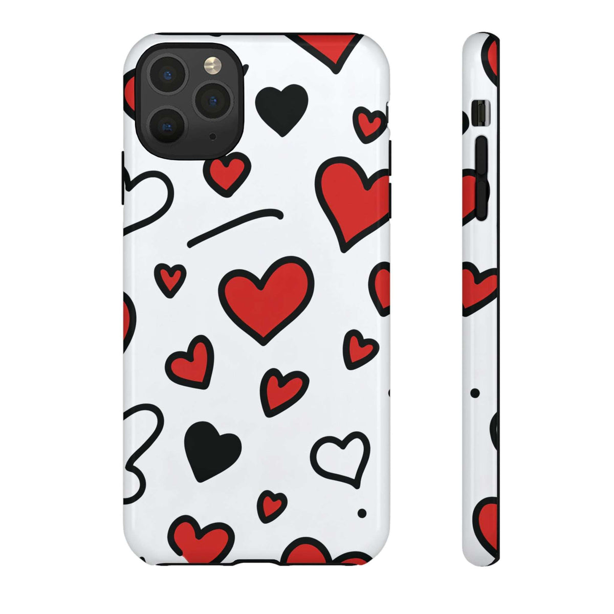 White phone case with scattered hearts; front and side show camera opening and control cutouts
