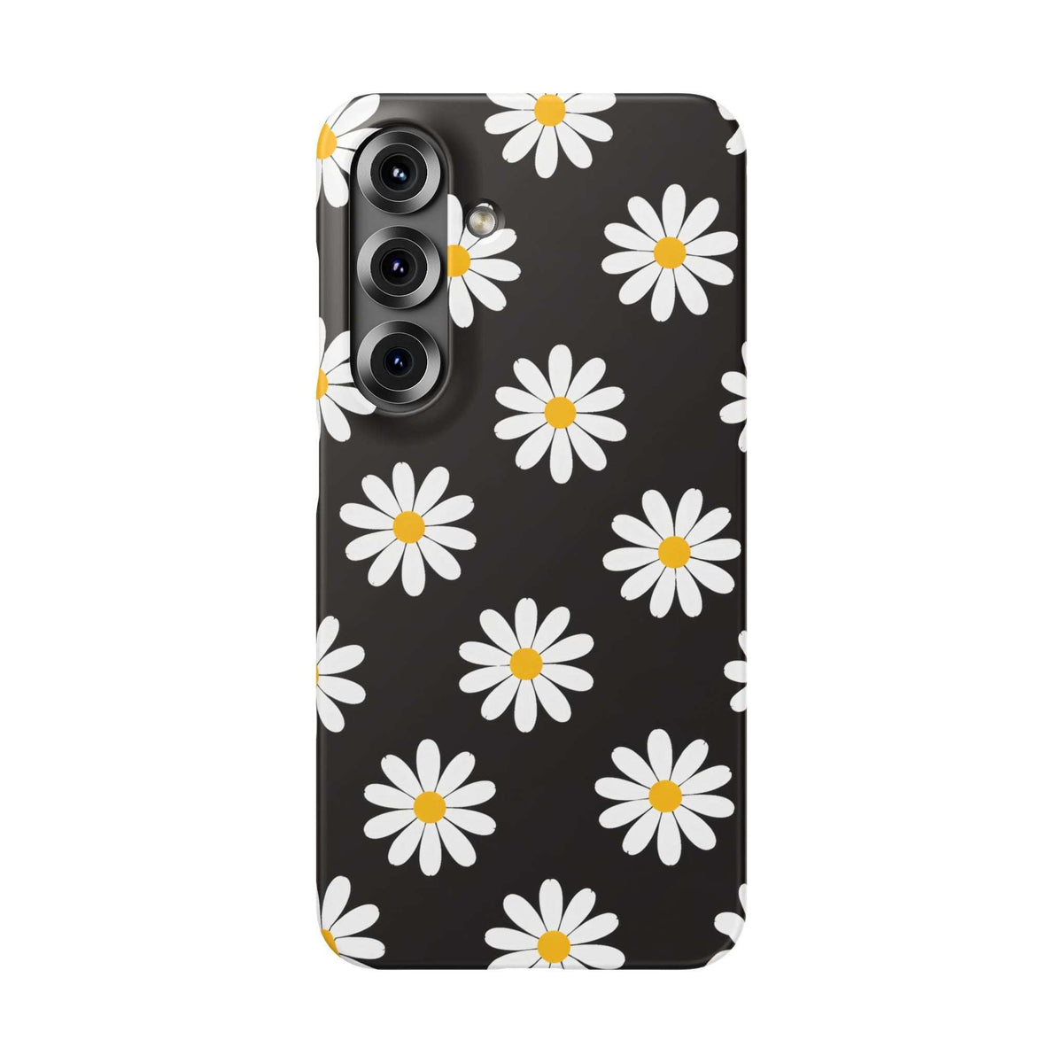 Black phone case with repeating daisies; raised cutouts for 3 camera lenses