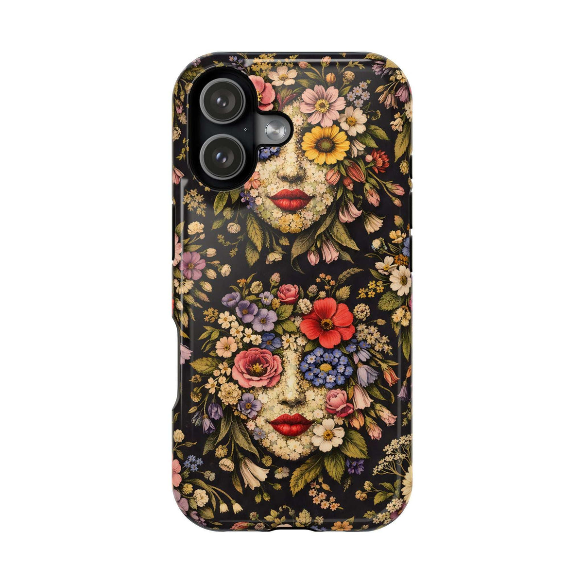 Black floral face phone case with red lips, bright rose and daisy accents, triple camera cutouts