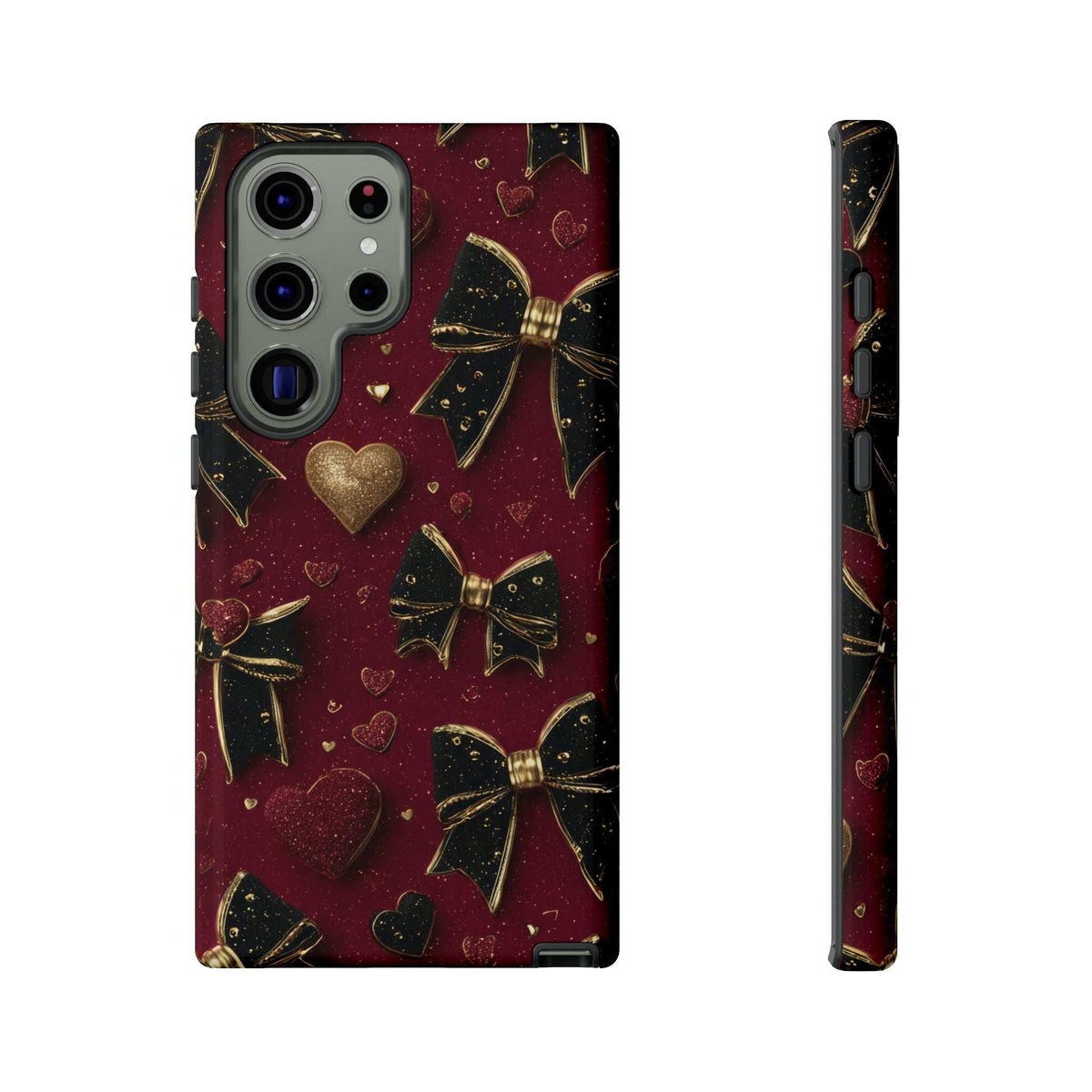 Valentine charm phone case front and side view; burgundy hearts with gold bows